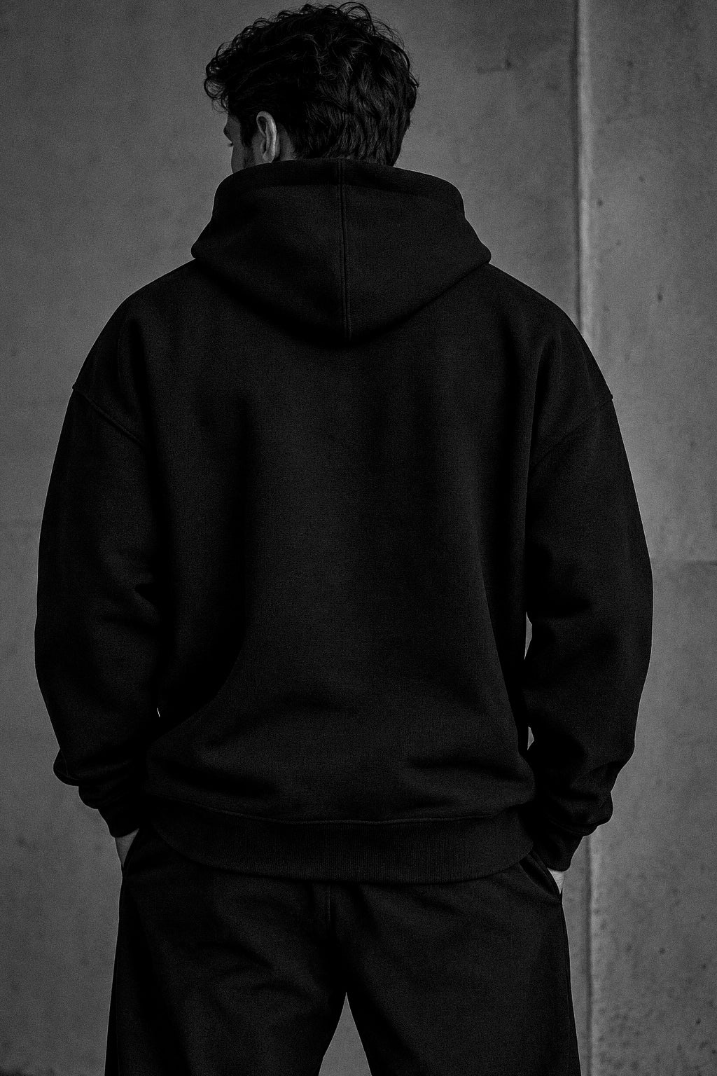 Le Hoodie Signature noir porté par un homme — dos vierge